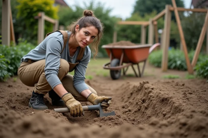 Femme examinant une terre battue très dure dans un jardin lors de travaux de terrassement manuel