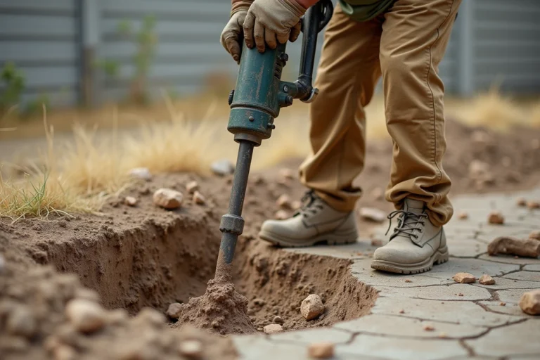 Ouvrier utilisant un marteau-piqueur pour briser une terre battue très dure lors de travaux de terrassement résidentiel