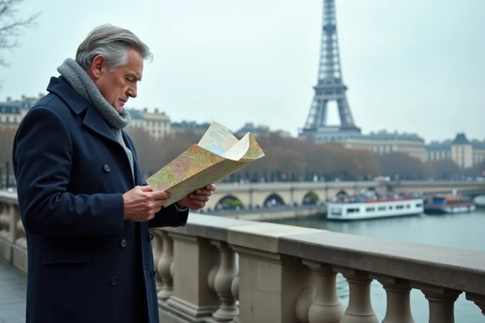 Touriste consultant un plan des arrondissements de Paris sur un pont au bord de la Seine