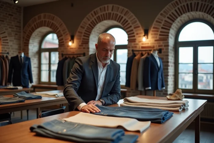 Entrepreneur turc dans un showroom textile d'Istanbul examinant des échantillons de tissu en denim, laine et coton
