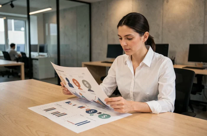 Femme analysant une infographie sur la valeur économique d'un être humain selon différents critères