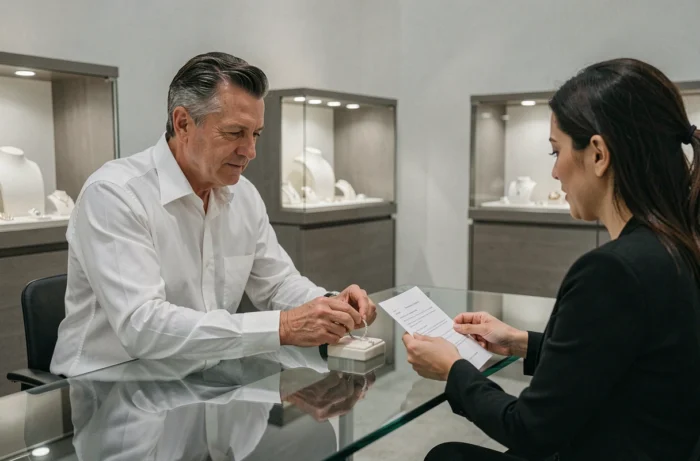 Homme vendant un bracelet en diamant à un acheteur professionnel dans une boutique de revente de bijoux de luxe