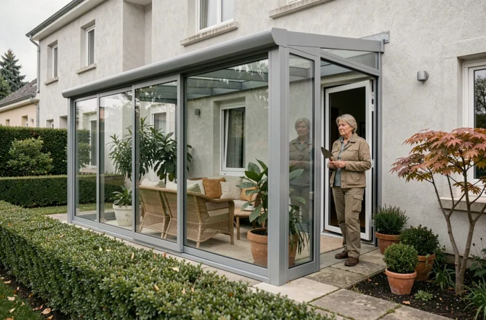 Véranda moderne en aluminium et double vitrage vue depuis le jardin d'une maison de banlieue française, femme devant l'entrée