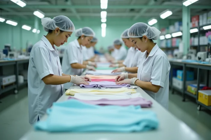 Usine de confection moderne au Vietnam avec des ouvriers inspectant des vêtements finis sur une chaîne de contrôle qualité