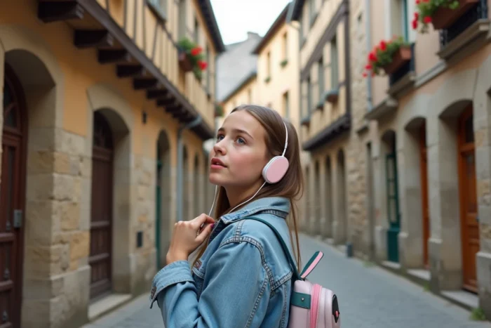 Adolescente écoutant un audioguide sur son smartphone dans une rue pavée médiévale de Dinan, regardant les façades à colombages de la vieille ville bretonne