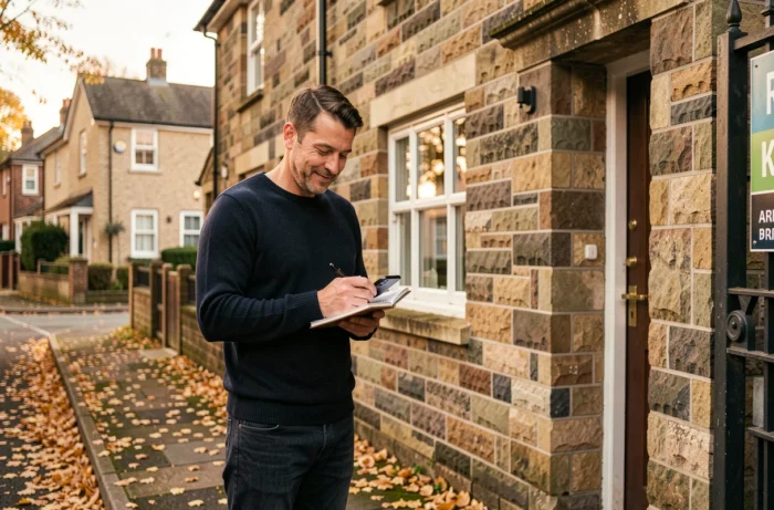 Homme prenant des notes devant une maison à vendre lors d'une visite immobilière en automne