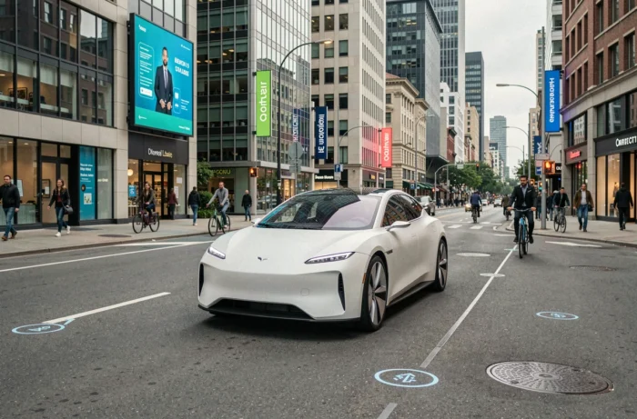 Voiture autonome futuriste circulant dans une rue urbaine connectée équipée de capteurs intelligents et de signalisation numérique