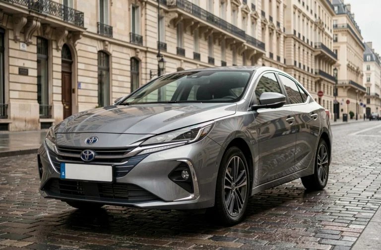 Voiture hybride non rechargeable berline argentée garée sur un boulevard parisien, vue en angle 3/4 avant avec reflets urbains